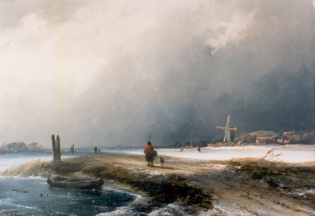 John Franciscus Hoppenbrouwers | Winterlandschap met jager langs bevr. rivier, olieverf op paneel, 19,2 x 26,4 cm, gesigneerd l.o. en gedateerd '50