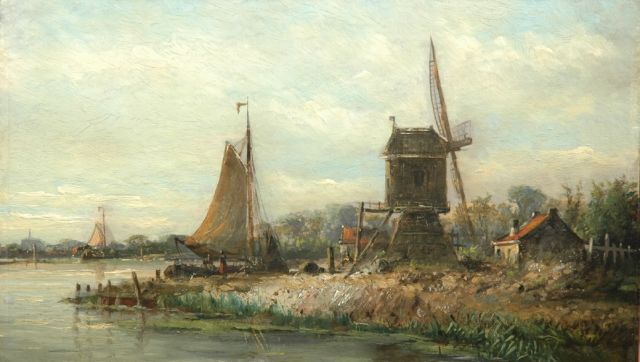 Nicolaas Martinus Wijdoogen | Een spinnekopmolen langs een rivier, olieverf op papier op paneel, 27,3 x 45,5 cm, gesigneerd r.o.