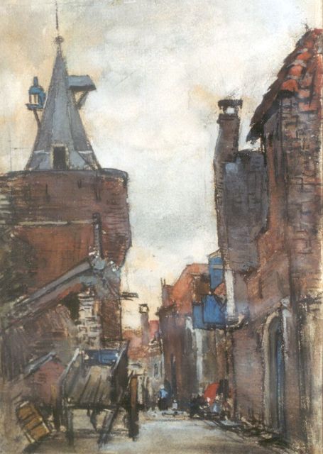 Floris Arntzenius | Gezicht op de Vispoort te Elburg, houtskool en aquarel op papier, 19,4 x 13,7 cm, gesigneerd r.o. vaag