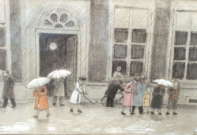 Harm Kamerlingh Onnes | In de regen, pen, inkt, krijt, kleurpotlood en aquarel op papier, 21,0 x 30,5 cm, gesigneerd r.o. met monogram en gedateerd '50