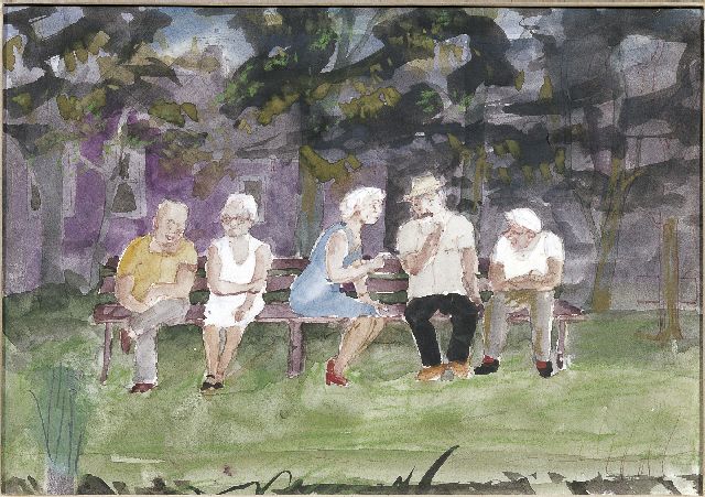 Harm Kamerlingh Onnes | Op een bankje in het park, potlood, pen, krijt en gouache op papier, 21,0 x 29,1 cm, gesigneerd l.o. met monogram en gedateerd '80