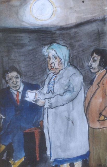 Harm Kamerlingh Onnes | Pas op, mijn kopje thee!, viltstift, krijt en aquarel op papier, 22,0 x 15,4 cm, gesigneerd r.o. met monogram en gedateerd '80
