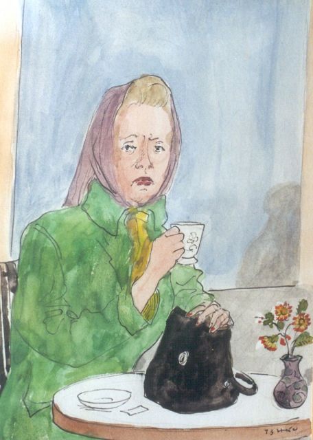 Harm Kamerlingh Onnes | Het kopje thee, viltstift, ballpoint en aquarel op papier, 18,5 x 14,1 cm, gesigneerd r.o. met monogram en gedateerd '73