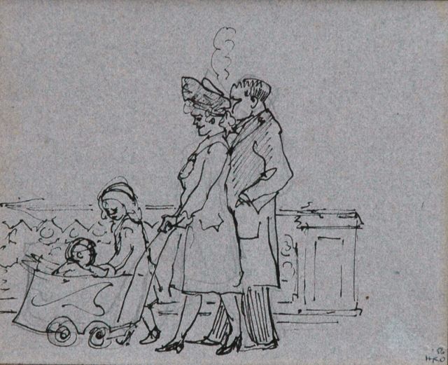 Harm Kamerlingh Onnes | De zondagse wandeling, pen en inkt op papier, 14,8 x 17,8 cm, gesigneerd r.o. met monogram en gedateerd '56