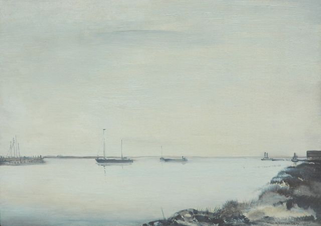 Willem van den Berg | Havenhoofd met binnenvarende schepen, olieverf op board, 30,7 x 42,6 cm, gesigneerd r.o. en gedateerd 1939