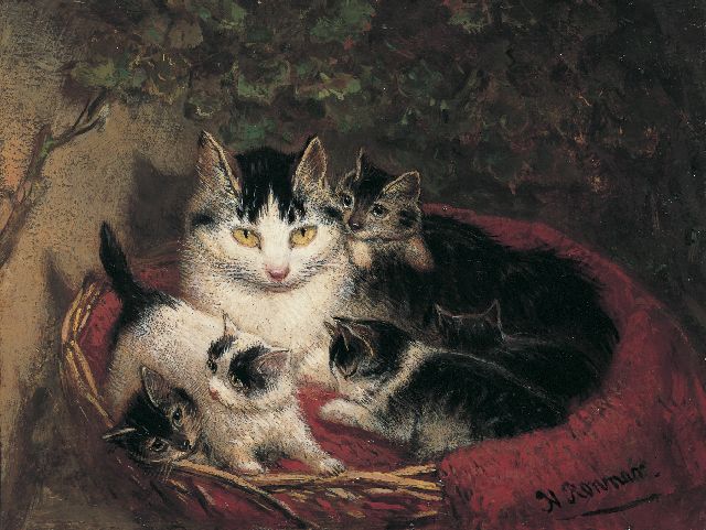 Henriette Ronner-Knip | De trotse moeder, olieverf op paneel, 10,9 x 14,1 cm, gesigneerd r.o.