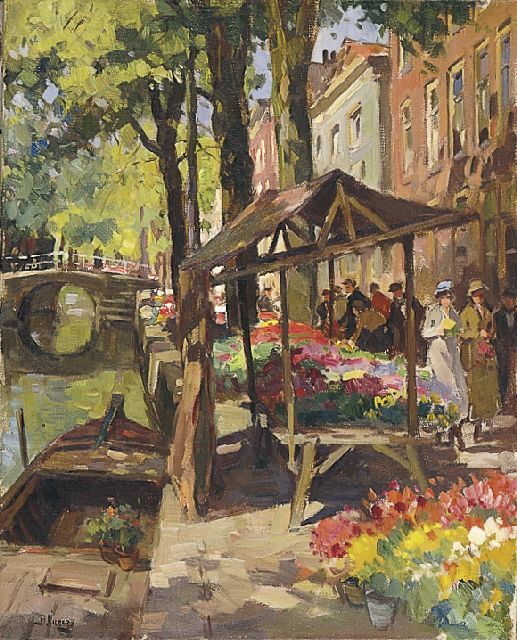 Ben Viegers | Bloemenmarkt in Delft, olieverf op doek, 50,0 x 40,3 cm, gesigneerd l.o.