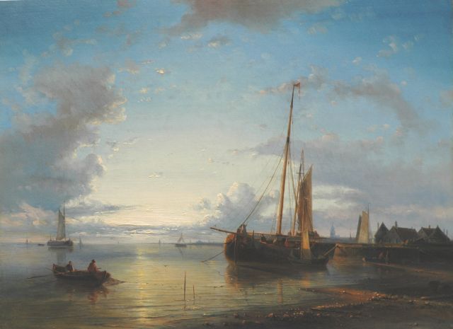 Abraham Hulk | Vissersschepen bij zonsondergang, olieverf op paneel, 40,4 x 55,0 cm