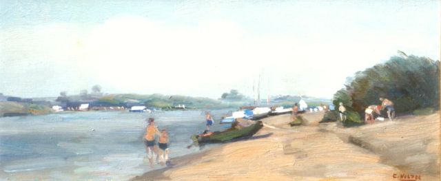 Cor Noltee | Strandje aan de Merwede bij Dordrecht, olieverf op paneel, 22,0 x 49,3 cm