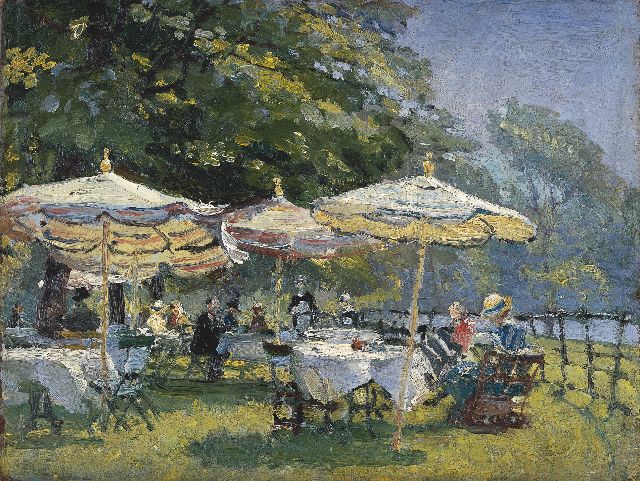 Evert Moll | Verpozen op het terras, olieverf op schildersboard, 26,6 x 35,3 cm