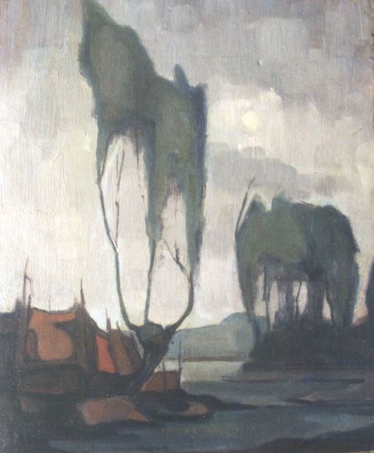 Theo van Eijsden | Landschap met hoge bomen, olieverf op board, 29,4 x 24,5 cm, gesigneerd l. v/h m. en gedateerd '24