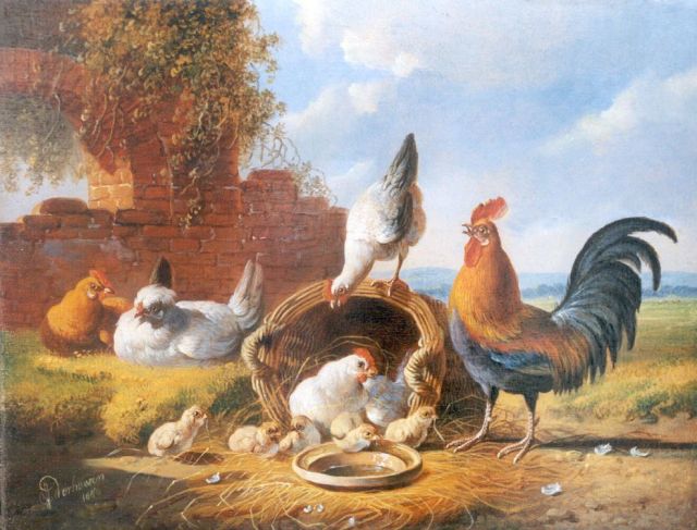 Albertus Verhoesen | Pluimvee bij een ruïne, olieverf op paneel, 18,6 x 24,1 cm, gesigneerd l.o. en gedateerd 1876