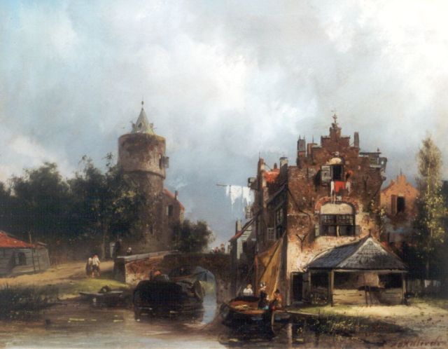 Adrianus David Hilleveld | Vaart bij een oud stadje, olieverf op paneel, 26,1 x 33,2 cm, gesigneerd r.o.