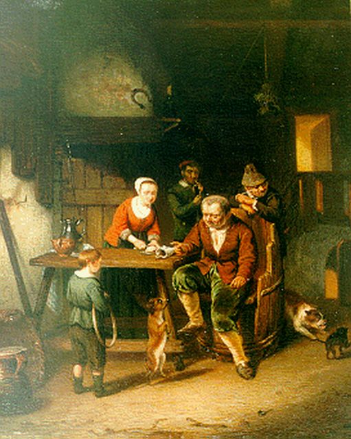 Joannes Christoffel Vaarberg | Interieur met hondje dat kunstjes vertoont, olieverf op paneel, 33,5 x 27,4 cm, gesigneerd verso en verso gedateerd '51