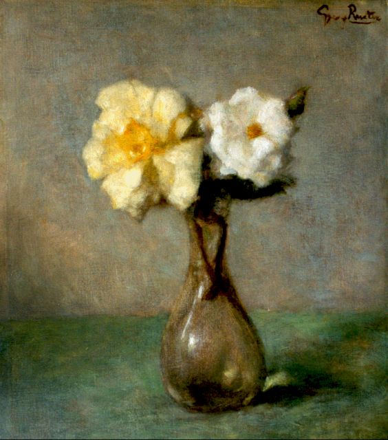 Georg Rueter | Theerozen in een glazen vaasje, olieverf op doek, 40,0 x 35,3 cm, gesigneerd r.b.