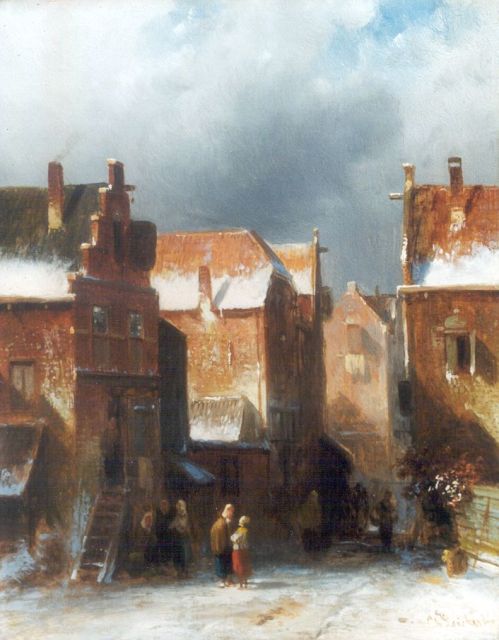 Charles Leickert | Winters straatje, olieverf op paneel, 27,2 x 21,6 cm, gesigneerd r.o.