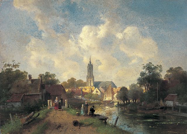 Charles Leickert | Zomerse rivier langs de stadsrand, olieverf op paneel, 28,0 x 39,1 cm, gesigneerd r.o.