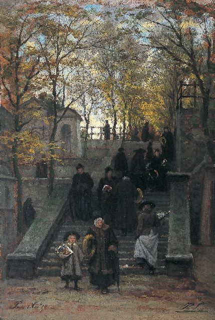 Philip Sadée | Wandelaars op het Cimetière de Montmartre, Parijs, olieverf op papier op paneel, 51,0 x 34,4 cm, gesigneerd r.o. met initialen en gedateerd 1 Nov. '90