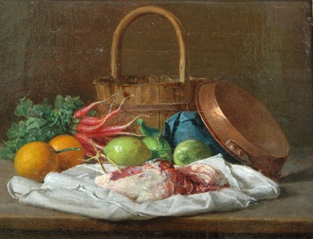 Duitse School, 19 eeuw | Stilleven met radijs en vlees, olieverf op doek, 14,8 x 19,6 cm, gesigneerd l.o. met initialen 'D.N'