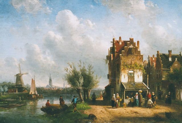Charles Leickert | Dorp langs het water met bedrijvigheid bij een groentenstal, olieverf op doek, 37,9 x 55,1 cm, gesigneerd r.o.