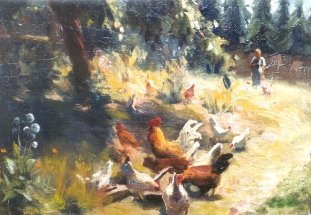 Evert Pieters | Kippen in een boomgaard, olieverf op board, 26,7 x 35,3 cm, gesigneerd l.o.