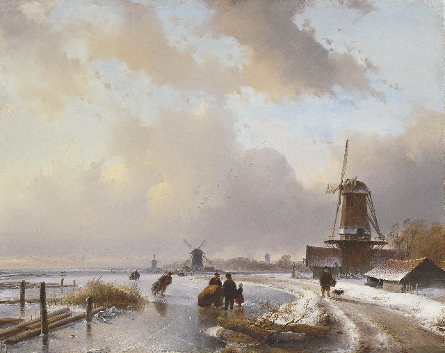 Andreas Schelfhout | Schaatsers en duwslede op een bevroren plas, olieverf op paneel, 40,5 x 50,9 cm, gesigneerd r.o. en te dateren 1837