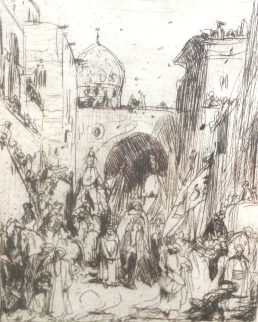 Marius Bauer | Een bruiloft in Cairo, ets op papier, 12,0 x 9,5 cm, gesigneerd r.o. met initialen en l.o. in de plaat