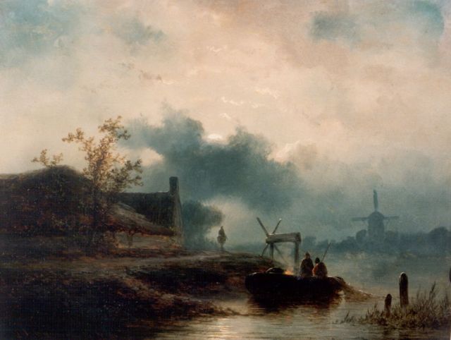 John Franciscus Hoppenbrouwers | Vissers op een rivier bij maanlicht, olieverf op paneel, 18,0 x 23,5 cm, gesigneerd l.o. en gedateerd '56