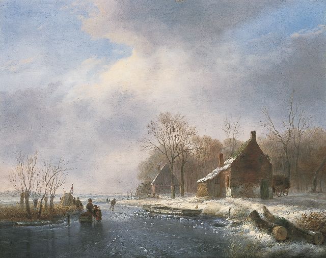 Johannes Matthijs Hoogbruin | IJsgezicht met schaatsers bij boerenwoningen, olieverf op paneel, 45,1 x 57,3 cm, gesigneerd r.o. op boomstam
