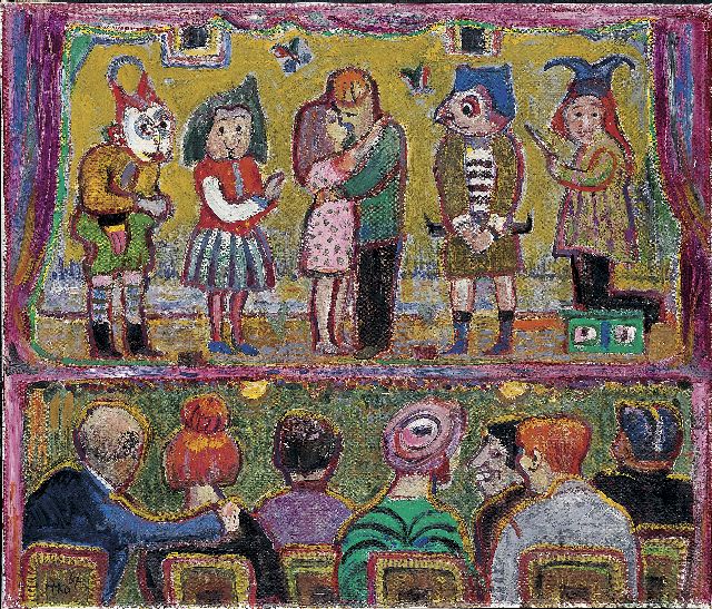 Harm Kamerlingh Onnes | De toneelvoorstelling, olieverf op doek, 46,4 x 54,3 cm, gesigneerd l.o. met monogram en gedateerd '67