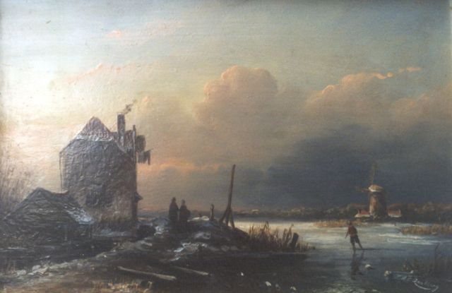 Hester Adriana Cornelia Zaalberg | Winterlandschap met wandelaars en schaatser op het ijs (i.o.), olieverf op hout, 18,0 x 26,0 cm, gesigneerd r.o.