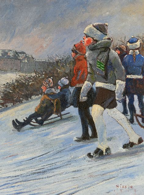 Fritz Nissle | Sleeënde kinderen op een helling, olieverf op schilderskarton, 41,6 x 31,2 cm, gesigneerd r.o. en gedateerd 1919