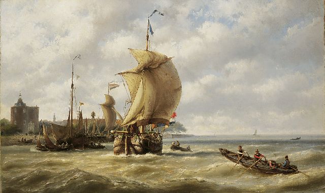 Jan H.B. Koekkoek | Buisjesdag in Enkhuizen, olieverf op doek, 70,1 x 114,6 cm, gesigneerd l.o. en gedateerd 1878