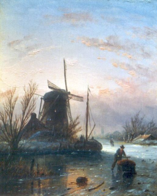Jacob Jan Coenraad Spohler | Schaatser met duwslede bij een molen, olieverf op paneel, 13,9 x 11,2 cm, gesigneerd l.o. met initialen