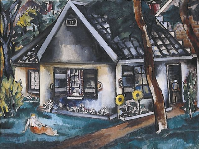 Else Berg | Vrouw voor een huis met zonnebloemen, olieverf op doek, 77,0 x 102,0 cm
