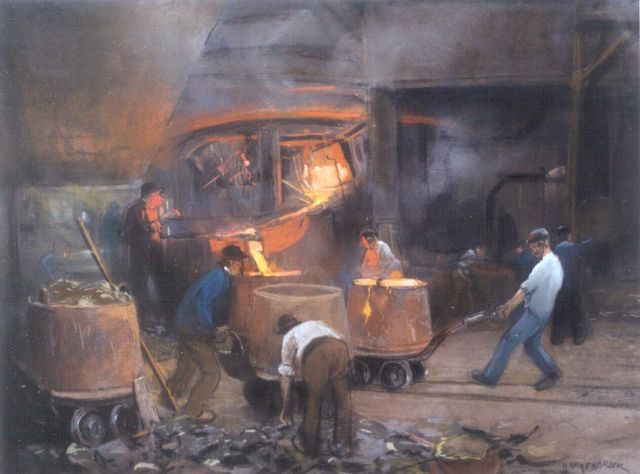 Herman Heijenbrock | Gietpannen in een hoogoven, pastel op papier, 45,0 x 61,0 cm, gesigneerd r.o.