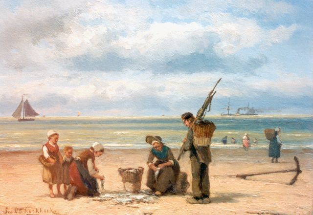 Jan H.B. Koekkoek | Het schoonmaken van de vis, olieverf op doek, 24,6 x 34,2 cm, gesigneerd l.o.