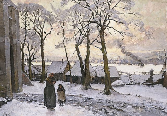Adolf le Comte | Winterlandschap met vrouw en kinderen, olieverf op doek, 89,0 x 127,5 cm, gesigneerd l.o.