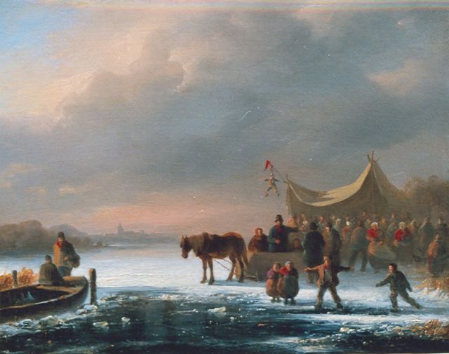Cornelis Kimmel | Schaatsvolk bij een koek-en-zopie, olieverf op paneel, 20,2 x 25,3 cm