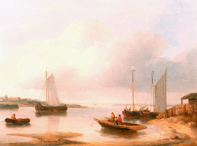 Petrus Johannes Schotel | Riviergezicht met overzetveer en zeilboten, olieverf op paneel, 14,9 x 20,0 cm, gesigneerd l.v.h.m.