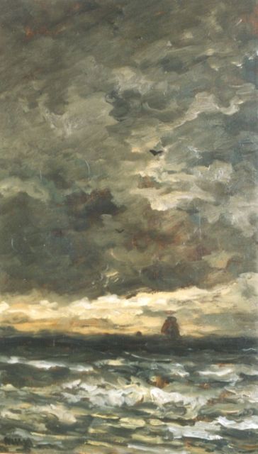 Hendrik Willem Mesdag | Zee bij avondlicht, olieverf op paneel, 55,3 x 32,4 cm, gesigneerd l.o. met initialen