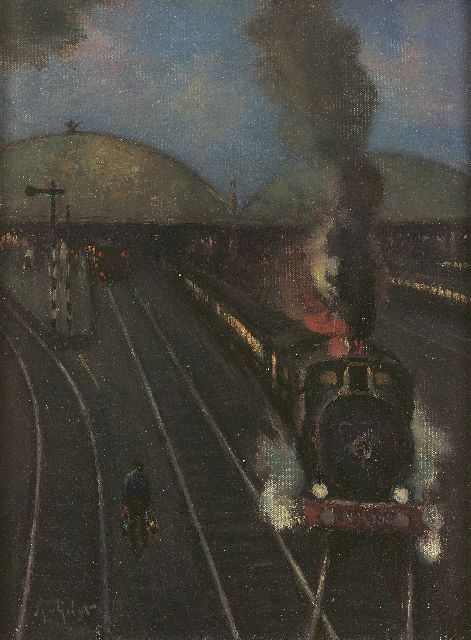 Arnout van Gilst | Stoomtrein bij het station van Amsterdam, olieverf op doek, 40,4 x 30,2 cm, gesigneerd l.o.