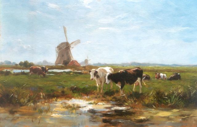 Adriaan Groenewegen | Koeien langs de waterkant, olieverf op doek, 31,5 x 45,4 cm, gesigneerd l.o.