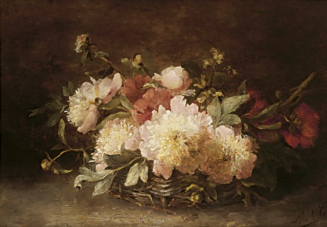 Marguérite Carolina de Clerq | Pioenrozen, olieverf op doek, 55,7 x 79,0 cm, gesigneerd r.o. met initialen