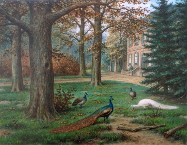 Marinus Adrianus Koekkoek II | Pauwen in de tuin van een buitenplaats, olieverf op doek, 40,2 x 50,5 cm, gesigneerd l.o.