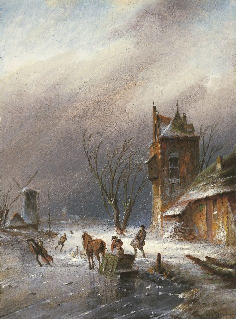 Jacob Jan Coenraad Spohler | IJsvermaak, olieverf op paneel, 21,4 x 16,0 cm, gesigneerd r.o.
