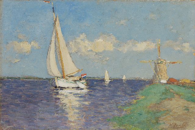Herman Heuff | Zeilboten op een poldervaart, olieverf op board, 23,1 x 34,6 cm, gesigneerd r.o.