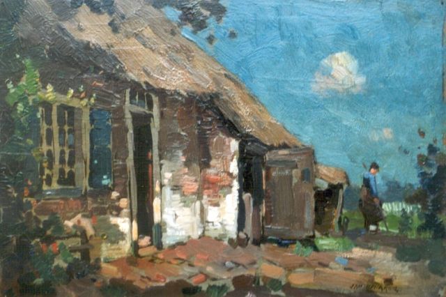 Jan Knikker sr. | Aan het werk bij de boerderij, olieverf op paneel, 19,8 x 28,8 cm, gesigneerd r.o.