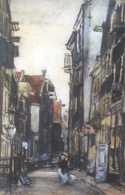 Floris Arntzenius | Straatje, zwart krijt en aquarel op papier, 18,6 x 12,3 cm, gesigneerd l.o.