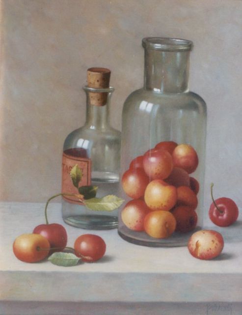 Andreas Gyula Bubarnik | Kersen en twee glazen flesjes, olieverf op paneel, 24,8 x 19,7 cm, gesigneerd r.o.